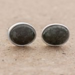 Jade stud earrings, 'Mayan Ovals' - Green Jade and 925 Silver Oval Stud Earrings from Guatmela
