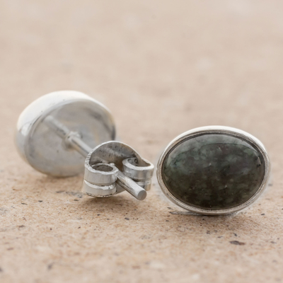 Jade stud earrings, 'Mayan Ovals' - Green Jade and 925 Silver Oval Stud Earrings from Guatmela