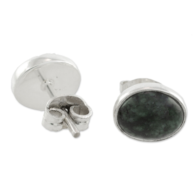 Jade stud earrings, 'Mayan Ovals' - Green Jade and 925 Silver Oval Stud Earrings from Guatmela