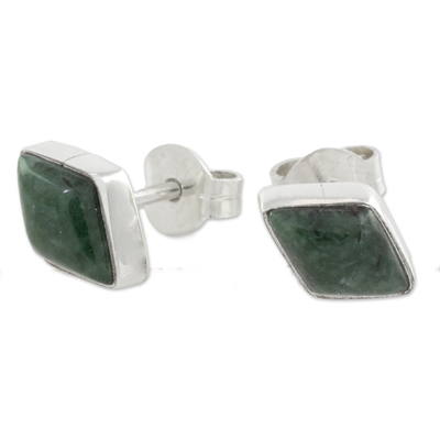 Jade stud earrings, 'Mayan Elegance in Dark Green' - Green Jade and 925 Silver Rhombus Earrings from Guatemala