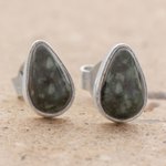 Jade stud earrings, 'Mayan Teardrops in Dark Green' - Green Jade and 925 Silver Teardrop Earrings from Guatemala