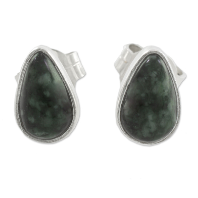 Jade stud earrings, 'Mayan Teardrops in Dark Green' - Green Jade and 925 Silver Teardrop Earrings from Guatemala