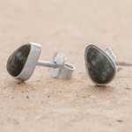 Jade stud earrings, 'Mayan Teardrops in Dark Green' - Green Jade and 925 Silver Teardrop Earrings from Guatemala