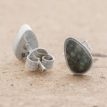 Jade stud earrings, 'Mayan Teardrops in Dark Green' - Green Jade and 925 Silver Teardrop Earrings from Guatemala