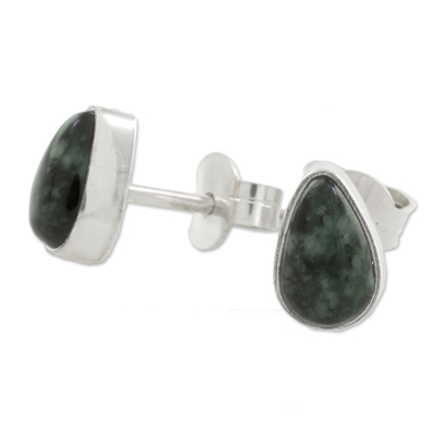 Jade stud earrings, 'Mayan Teardrops in Dark Green' - Green Jade and 925 Silver Teardrop Earrings from Guatemala