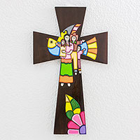 Cruz de pared de madera, 'Unión Familiar' - Cruz de pared de madera pintada a mano de El Salvador