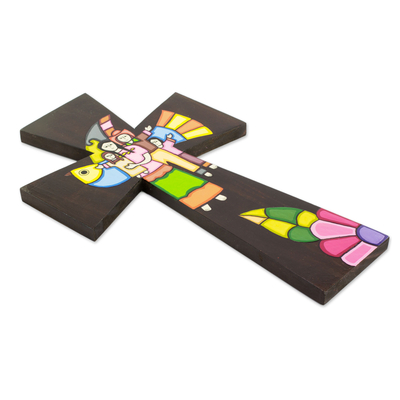 Wood wall cross, 'Familial Union' - Handcrafted Painted Wood Wall Cross from El Salvador