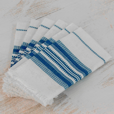 Servilletas de tela, 'Cheerful Kitchen in Blue' (juego de 6) - Servilletas de rayas 100% algodón de Guatemala (juego de 6)