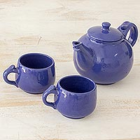 Ceramic tea set, 'Love in Each Sip' (set for 2) - Handcrafted Blue Ceramic Tea Set from El Salvador
