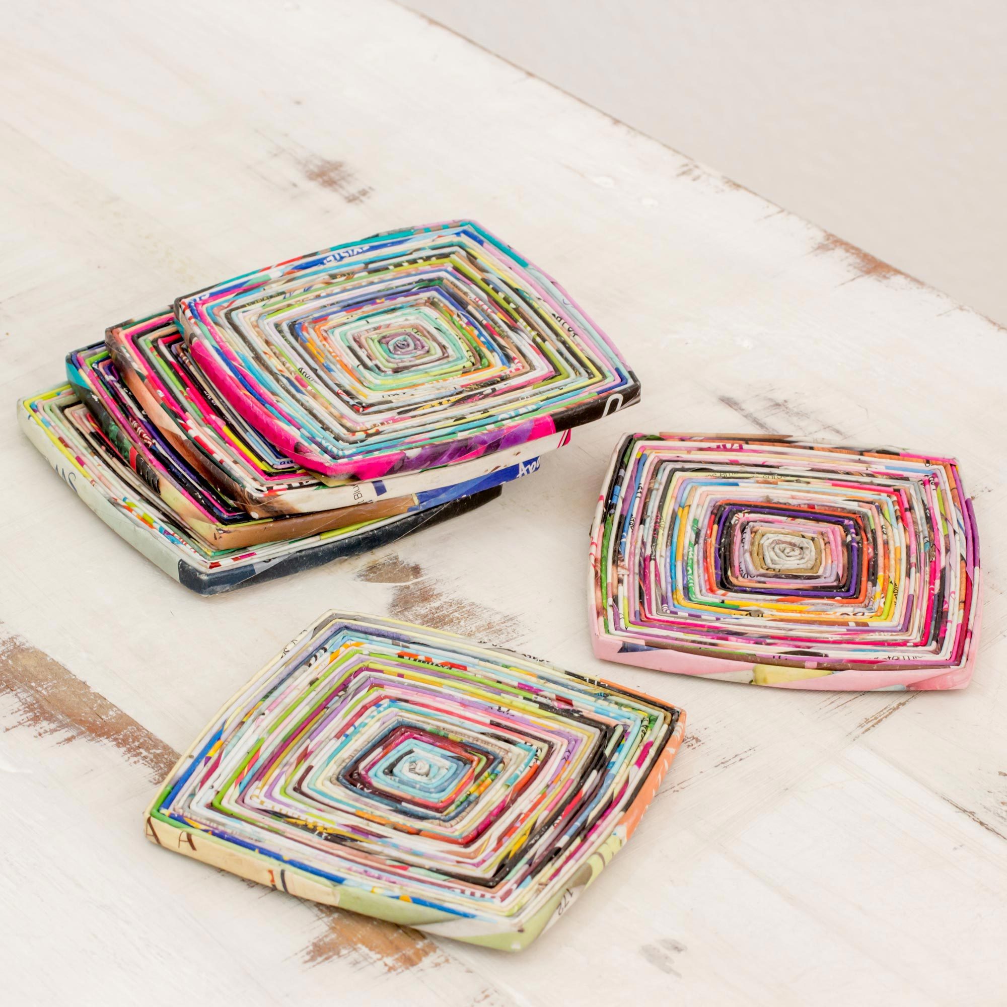 Six Handcrafted Recycled Paper Coasters from Guatemala Colors of