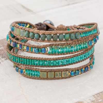 Glass beaded wristband bracelet, 'Glistening Lake' - Glass Beaded Wristband Bracelet in Cerulean from Guatemala