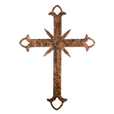 Iron wall cross, 'Faithful Confession in Brown' - Artisan Crafted Brown Iron Wall Cross from Guatemala