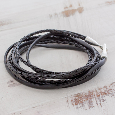 Leather wrap bracelet, 'Elegant Style' - Black Braided Leather Wrap Bracelet from Guatemala