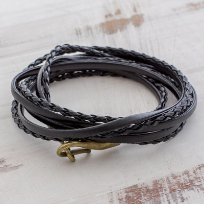 Leather wrap bracelet, 'Elegance and Style in Black' - Braided Leather Wrap Bracelet in Black from Guatemala