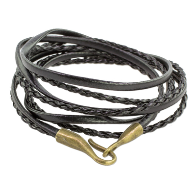 Leather wrap bracelet, 'Elegance and Style in Black' - Braided Leather Wrap Bracelet in Black from Guatemala