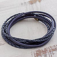 Braided Leather Wrap Bracelet in Blue from Guatemala,'Elegance and Style in Blue'