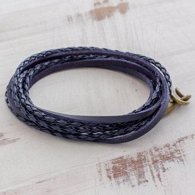 Leather wrap bracelet, 'Elegance and Style in Blue' - Braided Leather Wrap Bracelet in Blue from Guatemala