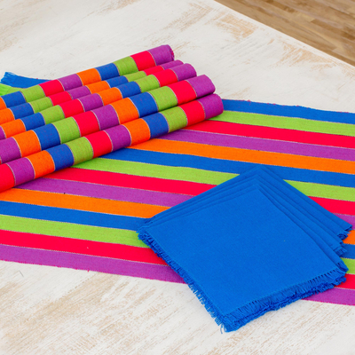 Cotton placemats and napkins, 'Harvest Trails' (set of 6) - Six Multicolored Striped Cotton Placemats and Napkins
