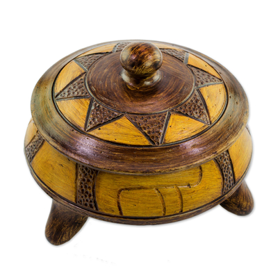Decorative Ceramic Vessel with Lid and Sun Design