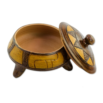 Decorative ceramic vessel, 'Strokes of History' - Decorative Ceramic Vessel with Lid and Sun Design