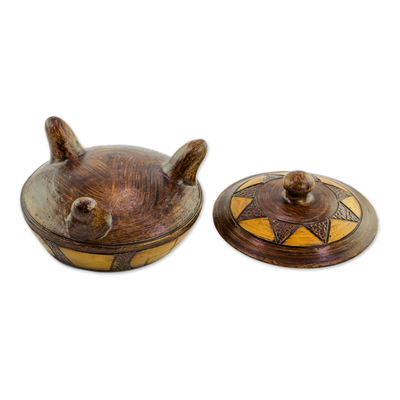Decorative ceramic vessel, 'Strokes of History' - Decorative Ceramic Vessel with Lid and Sun Design