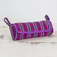 Cotton jewelry case, 'Amethyst Berry' - Handwoven Striped 100% Cotton Jewelry Case from Guatemala