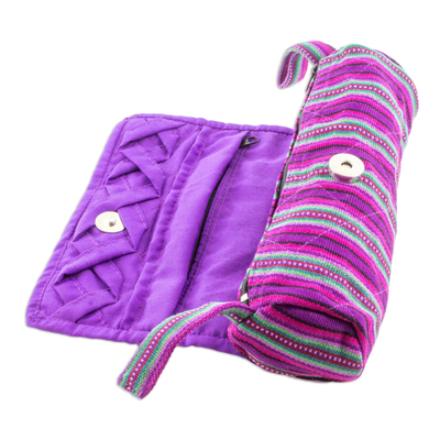Cotton jewelry case, 'Amethyst Berry' - Handwoven Striped 100% Cotton Jewelry Case from Guatemala