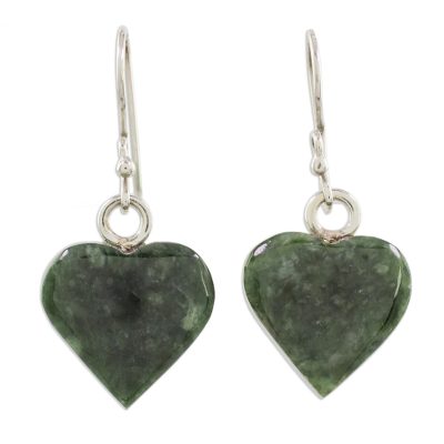 Jade dangle earrings, 'Verde Hearts' - Heart-Shaped Green Jade Dangle Earrings from Guatemala
