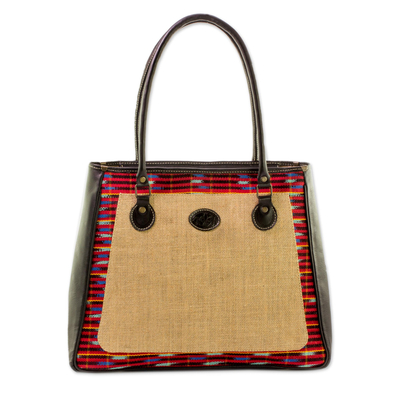 Cotton and Leather Accent Jute Shoulder Bag from Guatemala