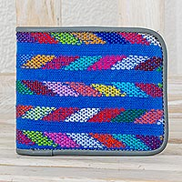 Cotton and leather wallet, 'Colors of the Sea' - Multicolored Leather and Cotton Wallet from Guatemala