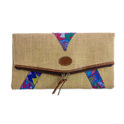 Jute Clutch Handbag with Cotton and Leather Accents