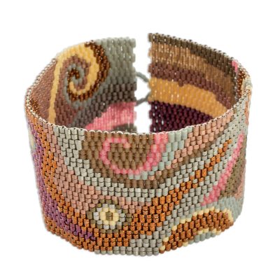 Glass beaded wristband bracelet, 'Fiery Maya' - Colorful Glass Beaded Wristband Bracelet from Guatemala