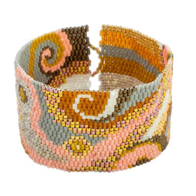 Glass beaded wristband bracelet, 'Golden Maya' - Colorful Glass Beaded Wristband Bracelet from Guatemala