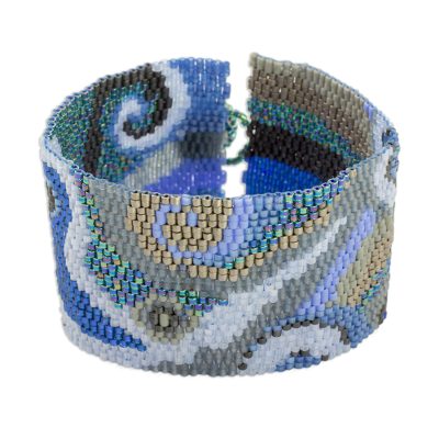 Glass beaded wristband bracelet, 'Oceanic Maya' - Colorful Glass Beaded Wristband Bracelet from Guatemala