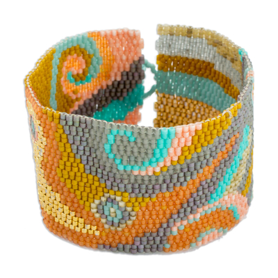 Glass beaded wristband bracelet, 'Bubbling Maya' - Colorful Glass Beaded Wristband Bracelet from Guatemala
