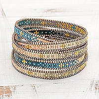 Colorful Glass Beaded Wrap Bracelet from Guatemala,'Cerro de la Cruz in Blue'