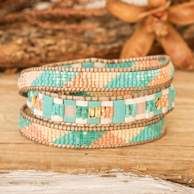 Glass beaded wrap bracelet, 'Pastel Mountains' - Colorful Glass Beaded Wrap Bracelet from Guatemala