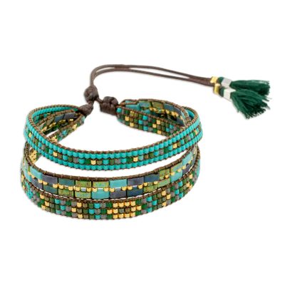 Glass beaded wristband bracelet, 'Soul of the River' - Adjustable Glass Beaded Wristband Bracelet from Guatemala