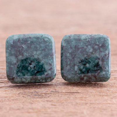 Jade stud earrings, 'Simply Luxurious in Dark Green' - Dark Green Square Jade Stud Earrings from Guatemala