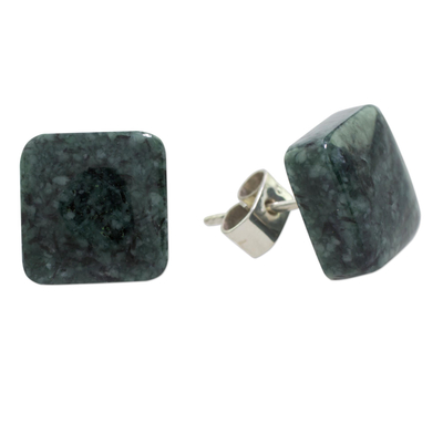 Jade stud earrings, 'Simply Luxurious in Dark Green' - Dark Green Square Jade Stud Earrings from Guatemala