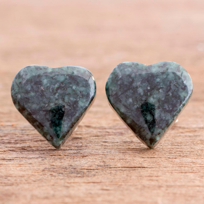 Jade button earrings, 'Dark Green Love' - Heart-Shaped Jade Button Earrings from Guatemala