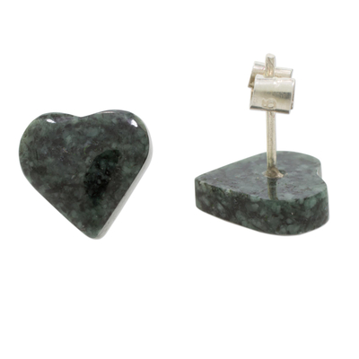 Jade button earrings, 'Dark Green Love' - Heart-Shaped Jade Button Earrings from Guatemala