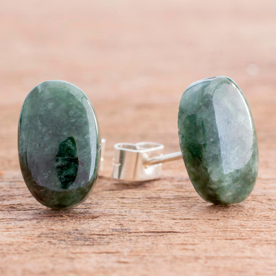 Jade button earrings, 'Oval Simplicity in Dark Green' - Dark Green Jade Oval Button Earrings from Guatemala