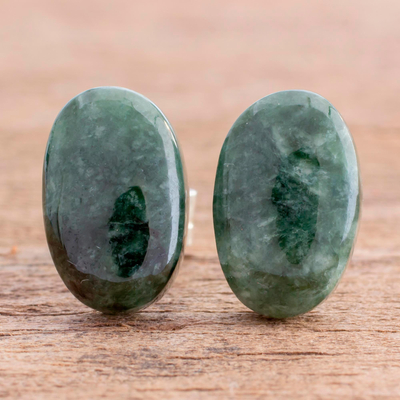Jade button earrings, 'Oval Simplicity in Dark Green' - Dark Green Jade Oval Button Earrings from Guatemala