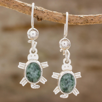 Jade dangle earrings, 'Marine Turtles in Green' - Green Turtle-Themed Jade Dangle Earrings form Guatemala