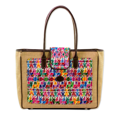 Cotton and Leather Accent Jute Shoulder Bag from Guatemala