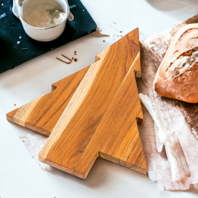 Teak wood cutting board, 'Festive Delights' - Teak Wood Tree-Shaped Cutting Board from Guatemala