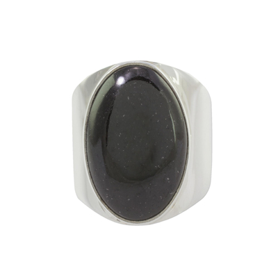 Jade cocktail ring, 'Truth and Life in Black' - Handmade Black Jade Men's Ring from Guatemala