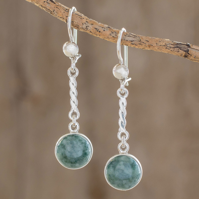 Jade dangle earrings, 'Drops of Hope' - Sterling Silver Green Jade Dangle Earrings from Guatemala