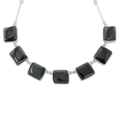 Jade pendant necklace, 'Natural Glisten' - Square Jade and Silver Pendant Necklace from Guatemala